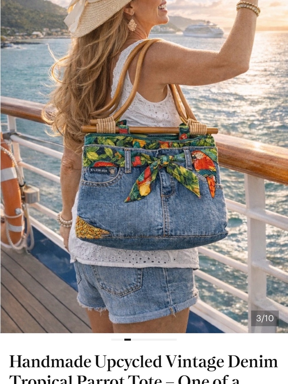 Upcycled Denim Parrot Beach Tote with Tropical Trim